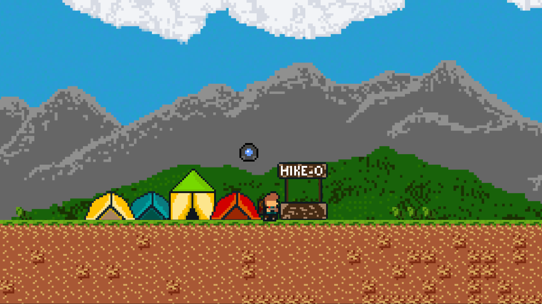 Screenshot aus dem Game-Jam-Projekt Hike-o. Pixelart: Berge und Zelte im Hintergrund, eine schwebende, runde Drohne und ein Wanderer im Vordergrund.