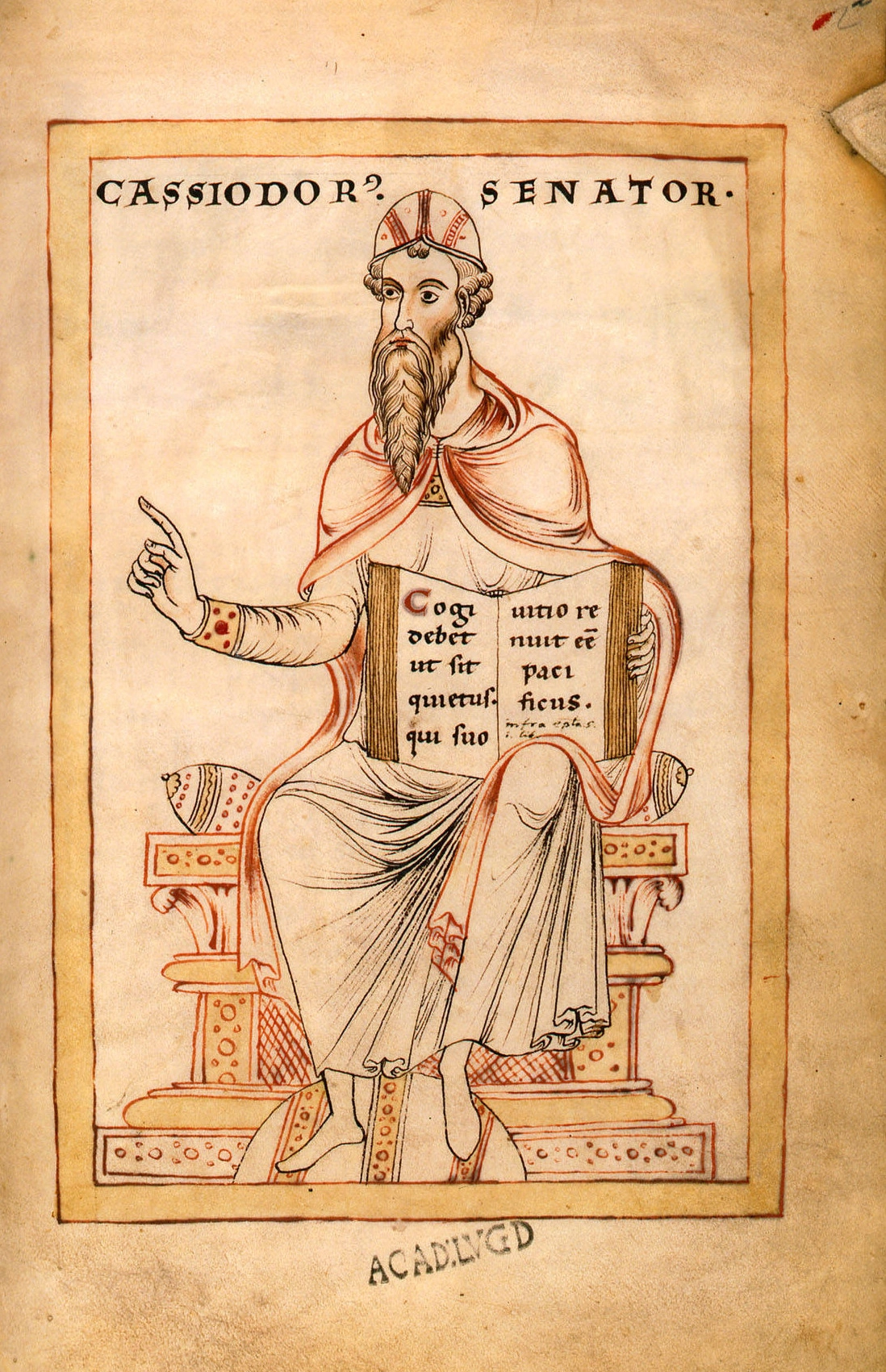 Historische Darstellung des Cassiodorus. Buchmalerei, stilisierte Darstellung sitzend auf einem Stuhl mit einem offenen Buch auf dem Schoß