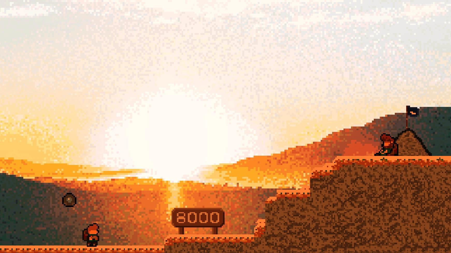 Screenshot des Endscreen: Der Wanderer ist mit einem anderen, bärtigen Wanderer auf dem Gipfel und betrachtet einen wunderschönen Sonnenuntergang