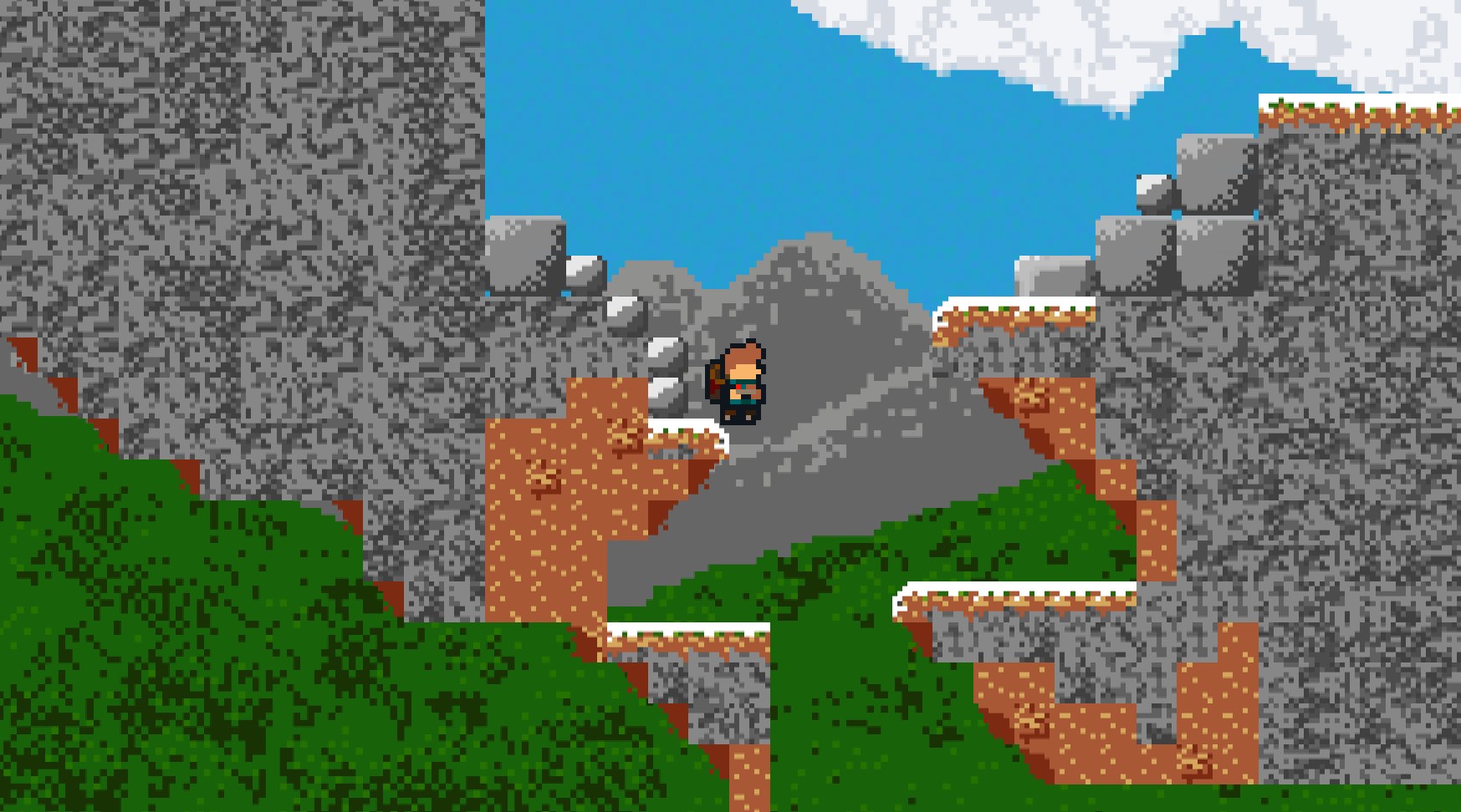 Ein weiterer Screenshot aus dem Spiel. Der Wanderer steht an einer gefährlichen Klippe mit Schneebedeckten Felsen.